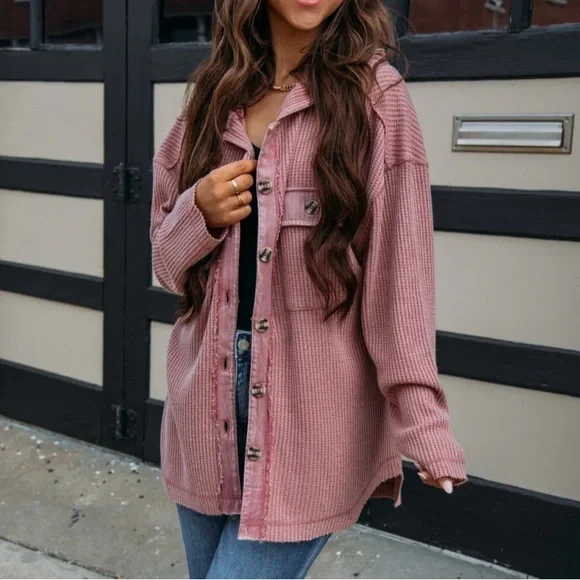 NWT Very J Mauve Thermal Waffle Knit Button Down Shacket Jacket Hoodie Hoody - Picture 3 of 11